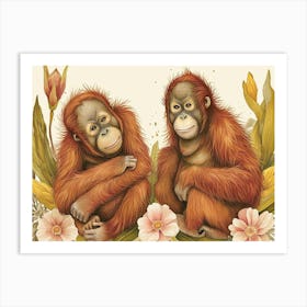 Floral Animal Illustration Orangutan 3 Art Print