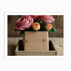 Pink Roses In A Wooden Box Art Print