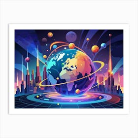 Futuristic City With Globe Display And Neon Lights Art Print