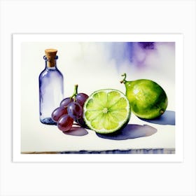 Lime and Grape near a bottle watercolor painting 5 Art Print