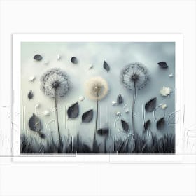 Black Dandelion and Leaves 3d Art On Gray Background Art Print