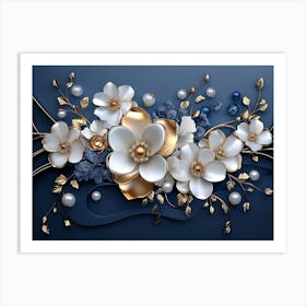 3d Artwork Illustration White and Gold Flowers Art Print