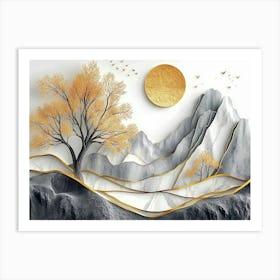 3d Mural Landscape with Trees and Mountains Art Print