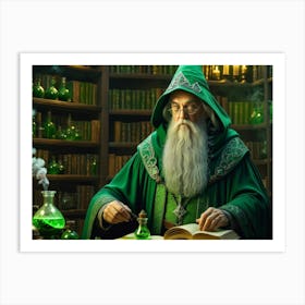 Green old wizard, conjuring, experimenting, alchemy, doing magic 1 Art Print