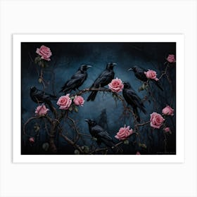 Gothic Moody Watercolor Of Seven Black Crows Perched On Intricate Thorny Branches Delicate Pink Ros Art Print