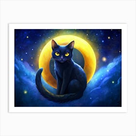 Black Cat Sitting On A Yellow Moon In A Starry Night Art Print