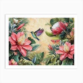 Hummingbirds And Flowers 2 Art Print