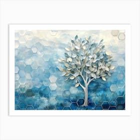 Tree In Blue Hexagons Art Print