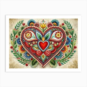 Ornate Heart With Folk Art Floral Motifs Art Print