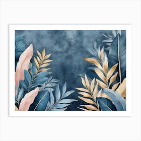 Blue Vintage Tropical Leaves In Seamless Border Design Premium Art Luxury Silver Grey Background Texture 1 Art Print