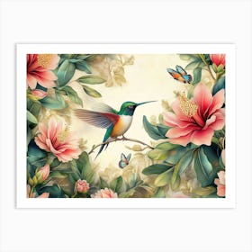 Vintage Tropical Protea, Hibiscus Flowers, Leaves, Hummingbirds, Butterflies Art Print