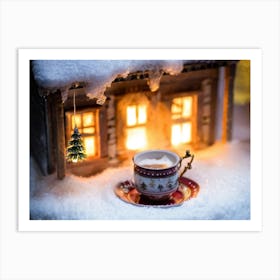 Miniature Winter Cottage Nestled In A Cozy Teacup Steam Rising Gently Surrounded By Snowflakes Mi Art Print