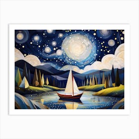 A Boat In Moonlight Art Print