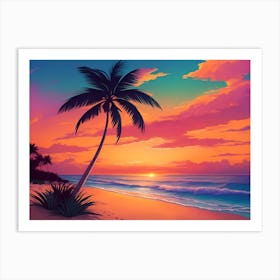 A Tranquil Beach At Sunset Horizontal Illustration 18 Art Print