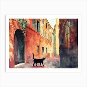 Black Cat In Bologna, Italy, Street Art Watercolour Painting 4 Art Print