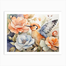 Hummingbird & Flowers Art Print Vintage Art Print