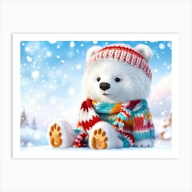 Polar Bear Cub Clad In Colorful Knit Winter Sweater With Matching Pompom Hat Sitting Serenely Withi Art Print