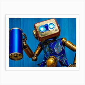 Quirky Blue Eyed Robot In Disguise Using Inline Skates Sweaty Gold Aluminum Can In Hand Cobalt B Art Print