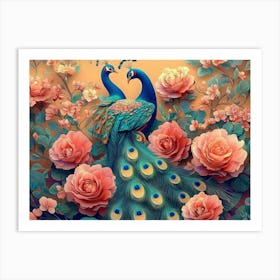 Bright Color Floral With Exotic Oriental Pattern Flowers And Peacocks 1 Art Print