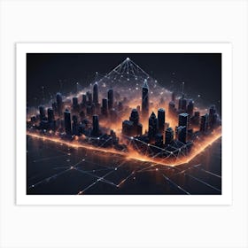 A 3d Rendering Of A Futuristic Cityscape Encased In A Glowing, Orange And Blue Network Of Lines, Representing Connectivity And Technology Art Print