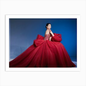 Asian Woman Posing Effortlessly In Haute Couture High Fashion Runway Walk Lavish Fabrics Cascading (5) Art Print