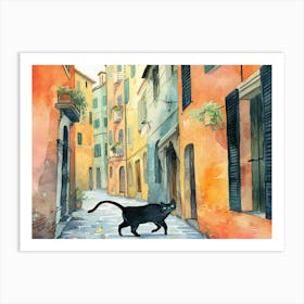 Black Cat In Modena, Italy, Street Art Watercolour Painting 2 Art Print
