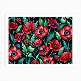 Red Poppy Watercolor Pattern Art Print