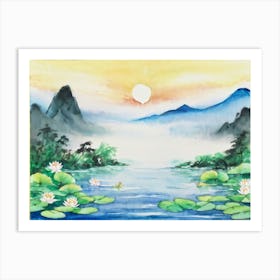 Japan Inspired Tranquil Scene Watercolor Painting Leaf Draped Lake Foreground With Water Lilies An (1) Art Print