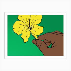 Hand holding a yellow rose on a green background Art Print