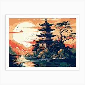 Retro Illustration Landscape In Japanese Style Art Print