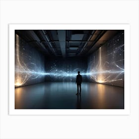 A Person Stands Silhouetted In A Dark Room With Screens On Either Side, Displaying Glowing, Flowing Lines Of Light And Data Art Print