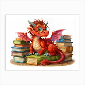 Red Dragon With Glasses Sitting On Stack Of Books 1 Art Print