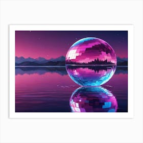 A Mirrored Ball Floating On A Still Lake Reflecting The Surrounding Mountain Range And A Starry Night Sky, Creating A Surreal And Retro Futuristic Scene Art Print