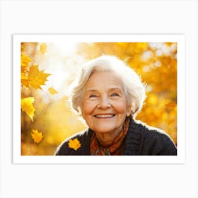 Elderly Woman Radiating Joy Amidst Crisp Autumn Leaves Close Up Orange Yellow Foliage Surrounding (3) Art Print