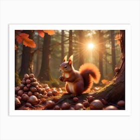 Red Squirrel Enjoying Acorns In A Sunlit Autumn Forest Art Print