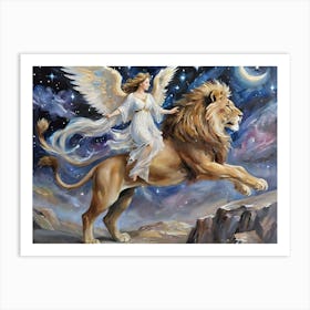 Angel Riding Lion In The Galaxy Art Print