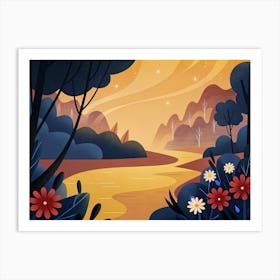 Landscape With Trees And Flowers Art Print