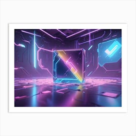 A 3d Rendering Of A Futuristic, Glowing Cube, With A Diagonal Dividing Line, Set Against A Backdrop Of Glowing Purple And Blue Lines, Symbolizing Technology And Progress Art Print