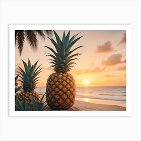 Two Pineapples On A Tropical Beach At Sunset Art Print