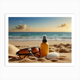 Hat, Sunglasses And Sunscreen On The Beach Art Print