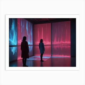 Two Women In Business Attire Are Silhouetted In A Dark Room With Large Screens Displaying Glowing Abstract Data In Shades Of Blue And Pink Art Print