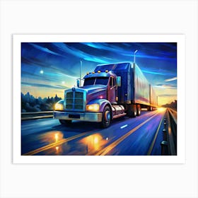 Blue Truck On A Highway At Sunset Art Print