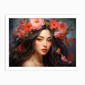 Upscaled An Oil Painting Of A Beautiful Woman With Flowers On Her 1 Art Print