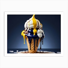 An Ice Cream Cone With White And Chocolate Ice Cream Topped With Yellow Sauce And Chocolate Sauce Art Print