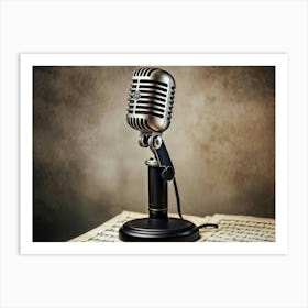 Vintage Microphone Classic Gray Design Timeless Aesthetic Perched On A Delicate Black Stand With Art Print