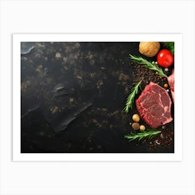 Meat And Vegetables On A Black Background Art Print