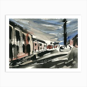 Stella In A Town Square - ink watercolor still life architecture hand painted Art Print