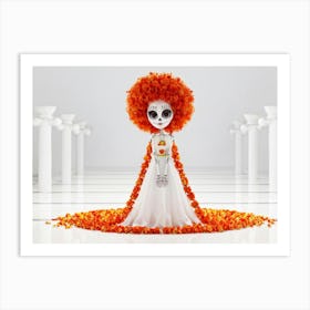 Girl Large Eyes Wreath Of Orange And White Flowers In Curly Hair Long Flower Adorned Dress Face Art Print