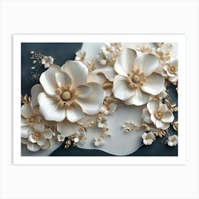 3d White And Blue Background With Golden Jewelry And Flowers 1 Art Print