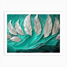 3d Abstract Featuring Deep Emerald Backdrop Glimmering Bronze Feathers and Captivating Landscape Elements Art Print